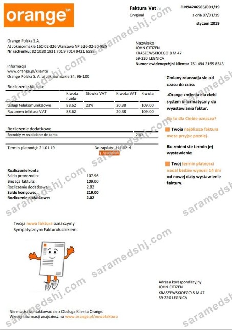 Poland Orange utility bill template in Word and PDF format
